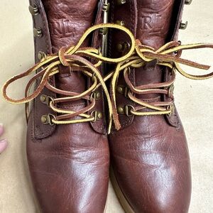 Ralph Lauren Brown Leather Lace-Up Boots with Yellow Laces